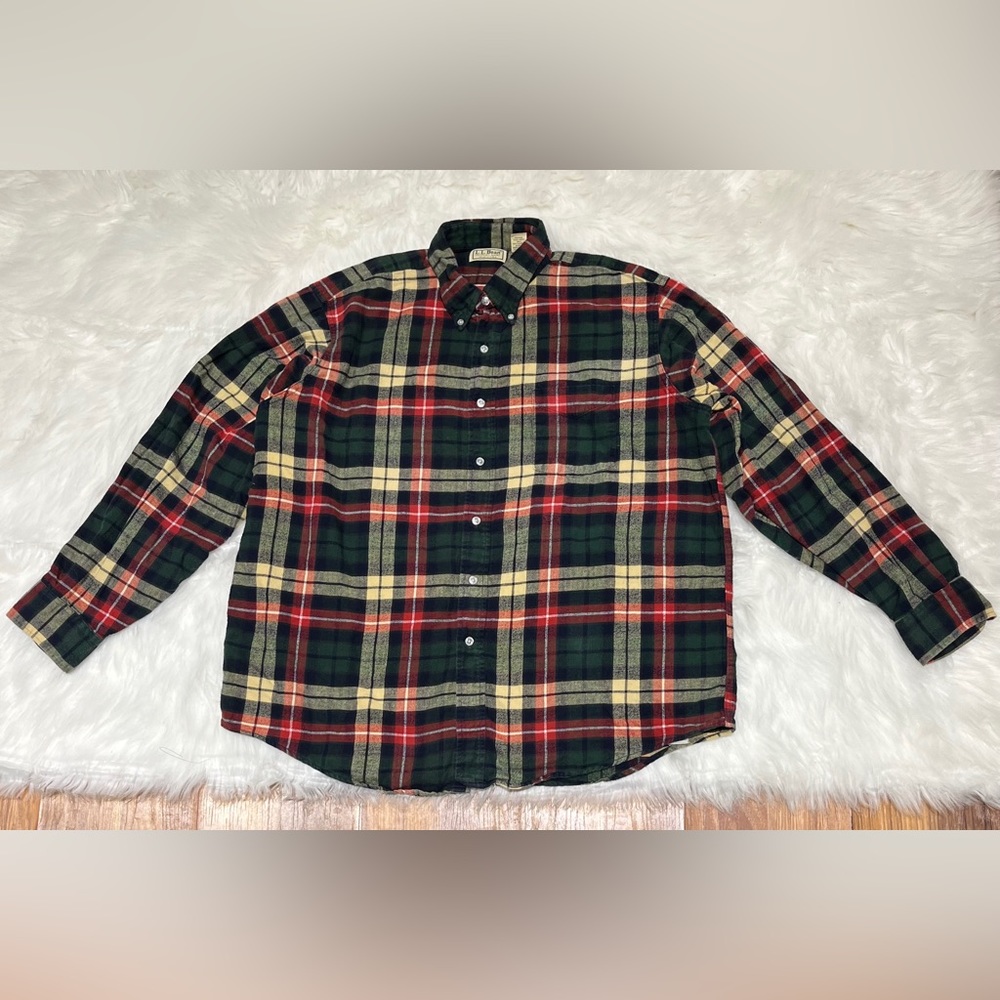 Vintage L.L.Bean Men's Plaid Flannel Shirt Green Red Navy Sz XL Made In USA